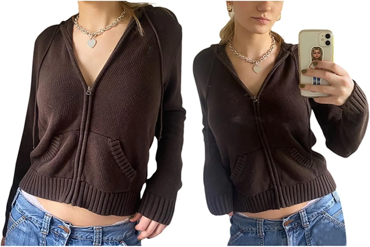 Women Zip Up Oversized Hoodies Solid Color Ribbed Knit Pullover Tops Y2k Cardigan Top Aesthetic