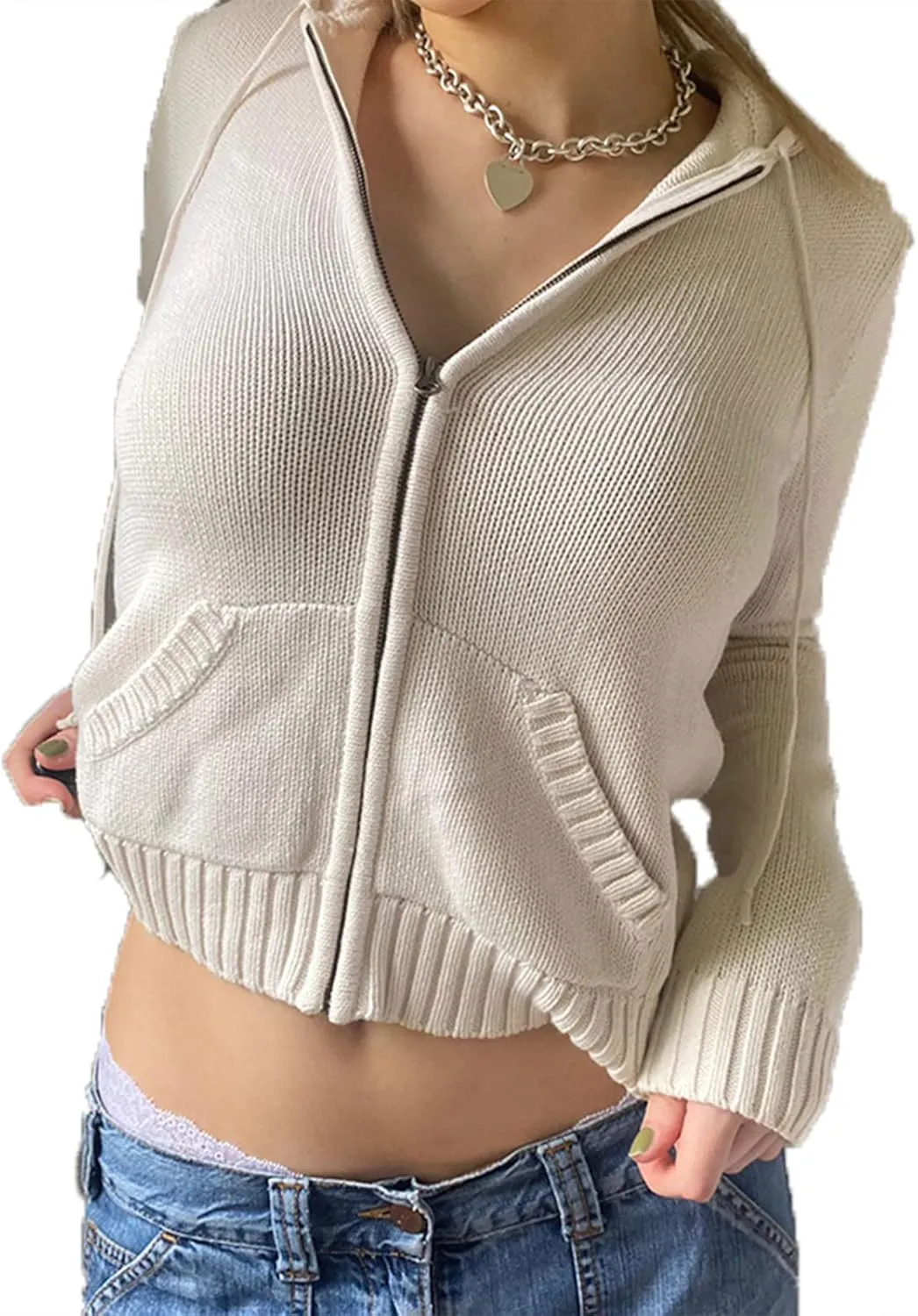 Women Zip Up Oversized Hoodies Solid Color Ribbed Knit Pullover Tops Y2k Cardigan Top Aesthetic