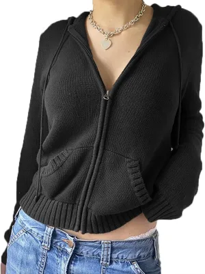 Women Zip Up Oversized Hoodies Solid Color Ribbed Knit Pullover Tops Y2k Cardigan Top Aesthetic