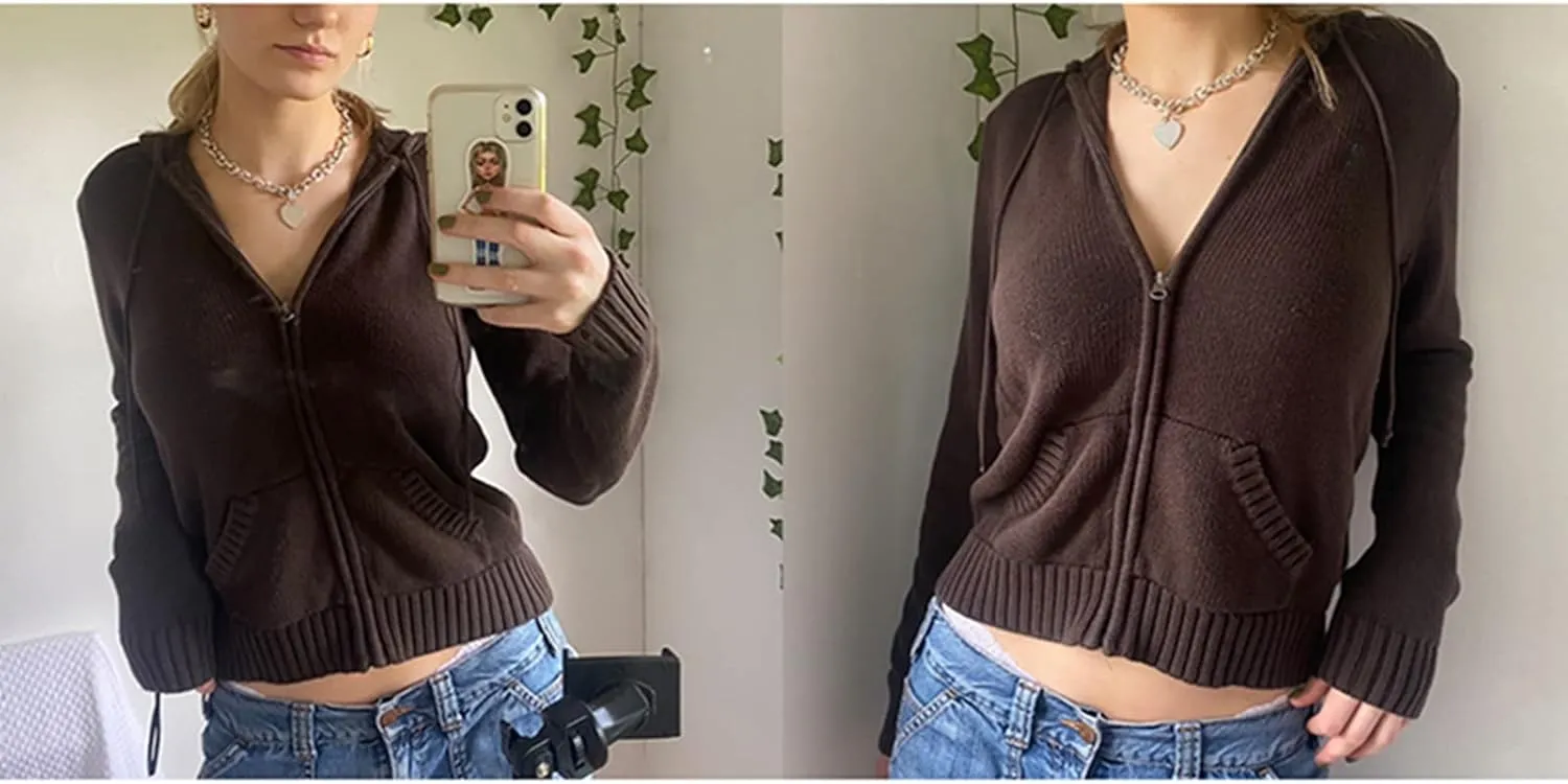 Women Zip Up Oversized Hoodies Solid Color Ribbed Knit Pullover Tops Y2k Cardigan Top Aesthetic
