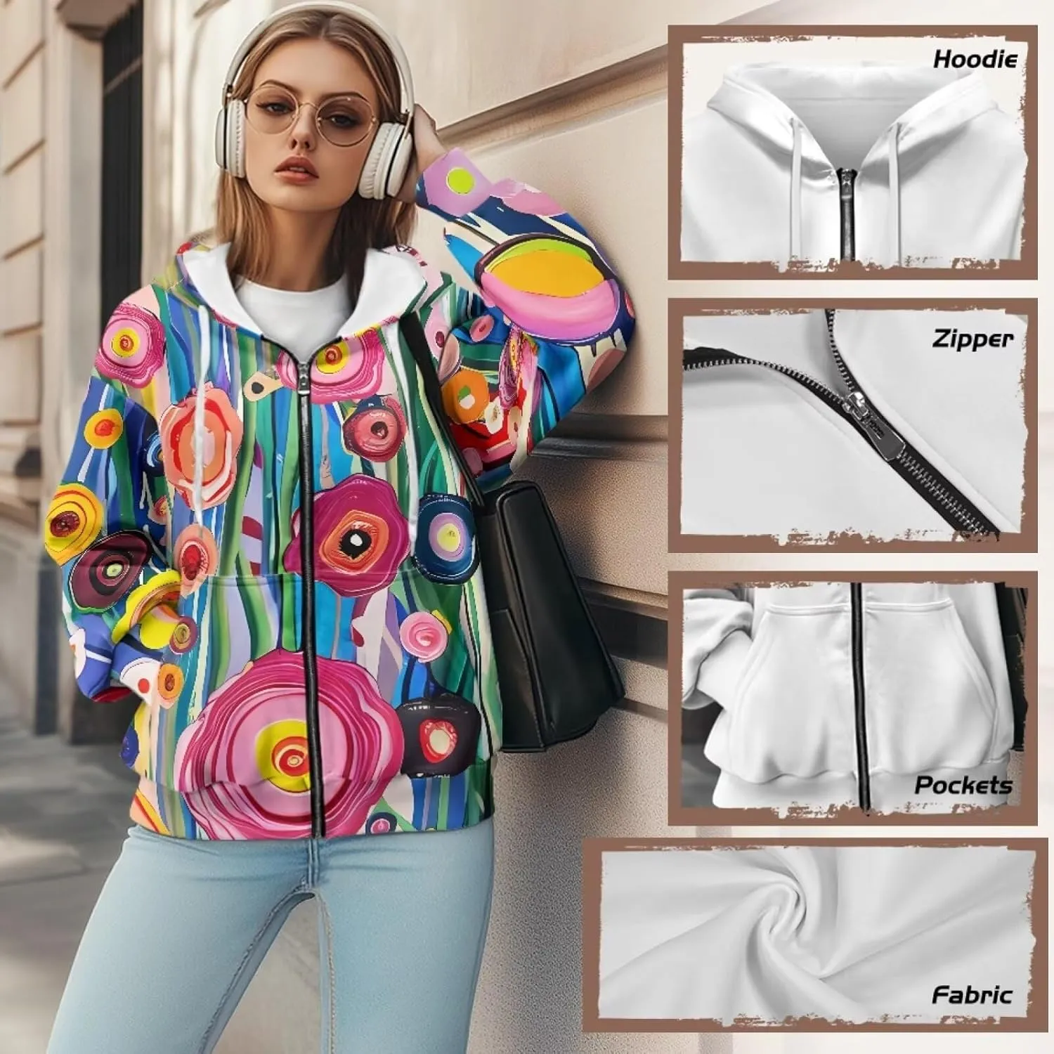 Women Zippered Hoodies Hooded Sweatshirt with Pocket Oversized Hoodie Drawstring Sweater Breathable Jacket Top