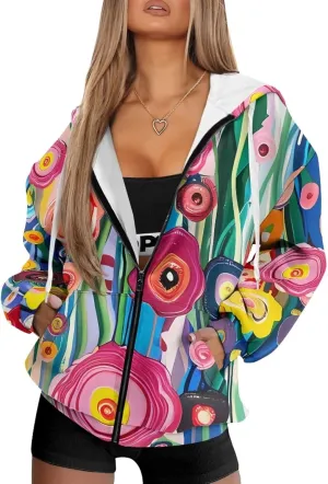 Women Zippered Hoodies Hooded Sweatshirt with Pocket Oversized Hoodie Drawstring Sweater Breathable Jacket Top