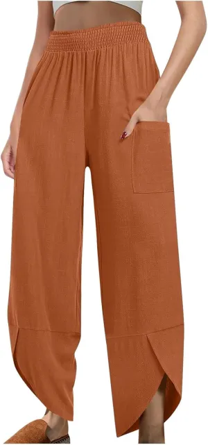 Womens Baggy Wide Leg Pants Linen Summer Casual Elastic Waisted Palazzo Pants Beach Loose Fit Trousers with Pockets