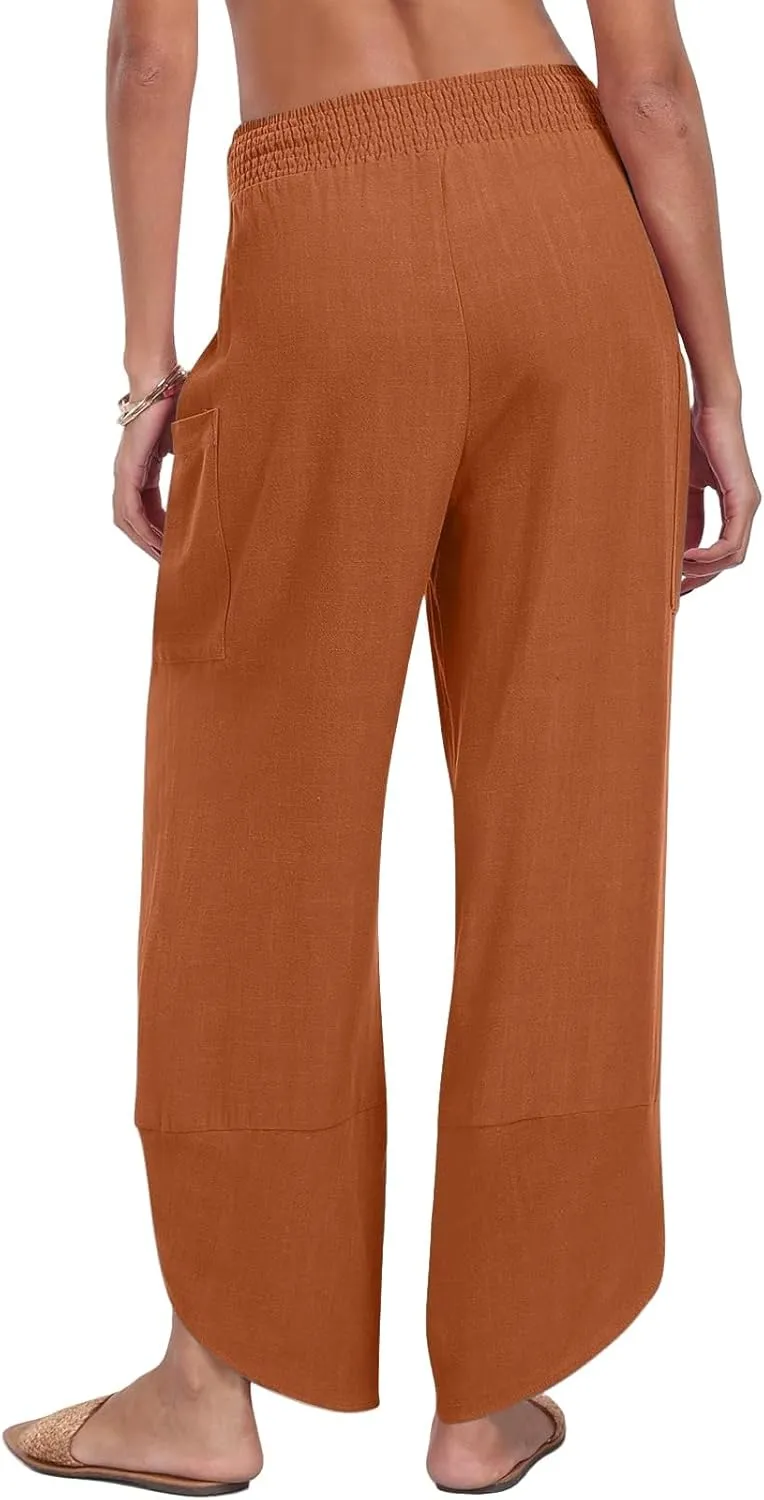 Womens Baggy Wide Leg Pants Linen Summer Casual Elastic Waisted Palazzo Pants Beach Loose Fit Trousers with Pockets