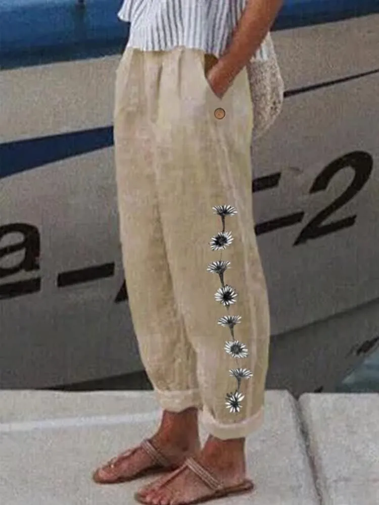 Women's Boho Floral Cotton Linen Casual Pants Summer High Waisted Baggy Beach Trousers with Pockets Plus Size