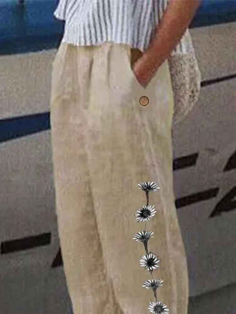 Women's Boho Floral Cotton Linen Casual Pants Summer High Waisted Baggy Beach Trousers with Pockets Plus Size