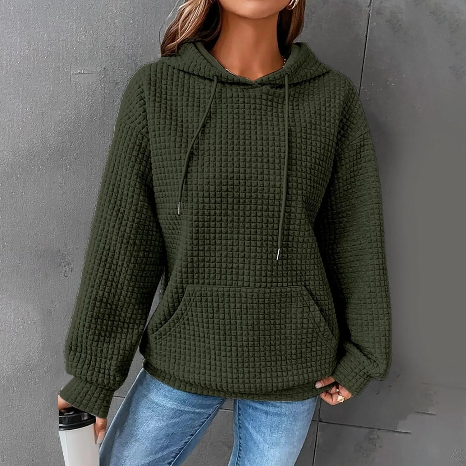 Womens Button Drawstring Y2k Hoodie Drop Shoulder Baggy Hooded Sweatshirt Lightweight Pullover Fall Clothes w/Pockets