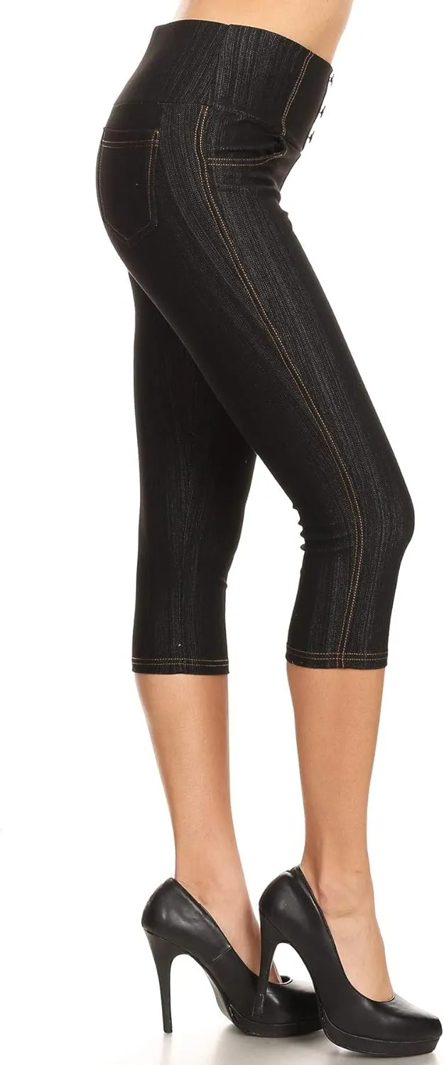 Women's Capri Denim Jeggings High Waisted Pull on Stretch Cropped Skinny Pants Regular & Plus Size