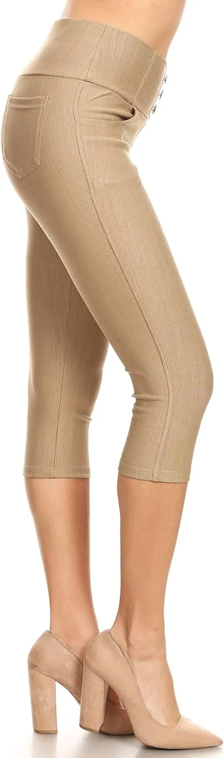 Women's Capri Denim Jeggings High Waisted Pull on Stretch Cropped Skinny Pants Regular & Plus Size