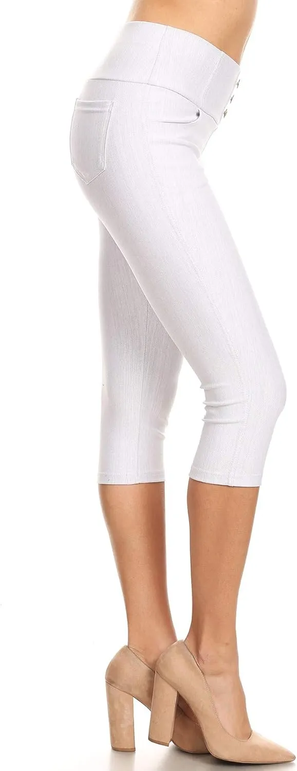 Women's Capri Denim Jeggings High Waisted Pull on Stretch Cropped Skinny Pants Regular & Plus Size