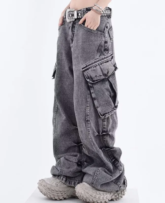 Women's Cargo Pants Low Waist Baggy Jeans Y2K Pocket Wide Leg Casual Trendy Streetwear Grunge Emo Clothes