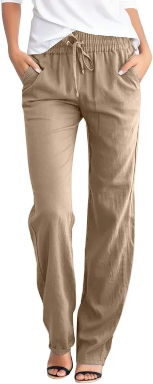 Womens Casual Cotton Linen High Waist Pants Drawstring Loose Fit Summer Pants Straight Leg Lounge Trousers with Side Pockets
