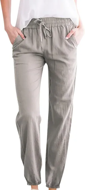 Women's Casual Cotton Linen Pants Lightweight Summer Relax Fit Elastic Waist Plus Size Solid Lounge Long Trousers