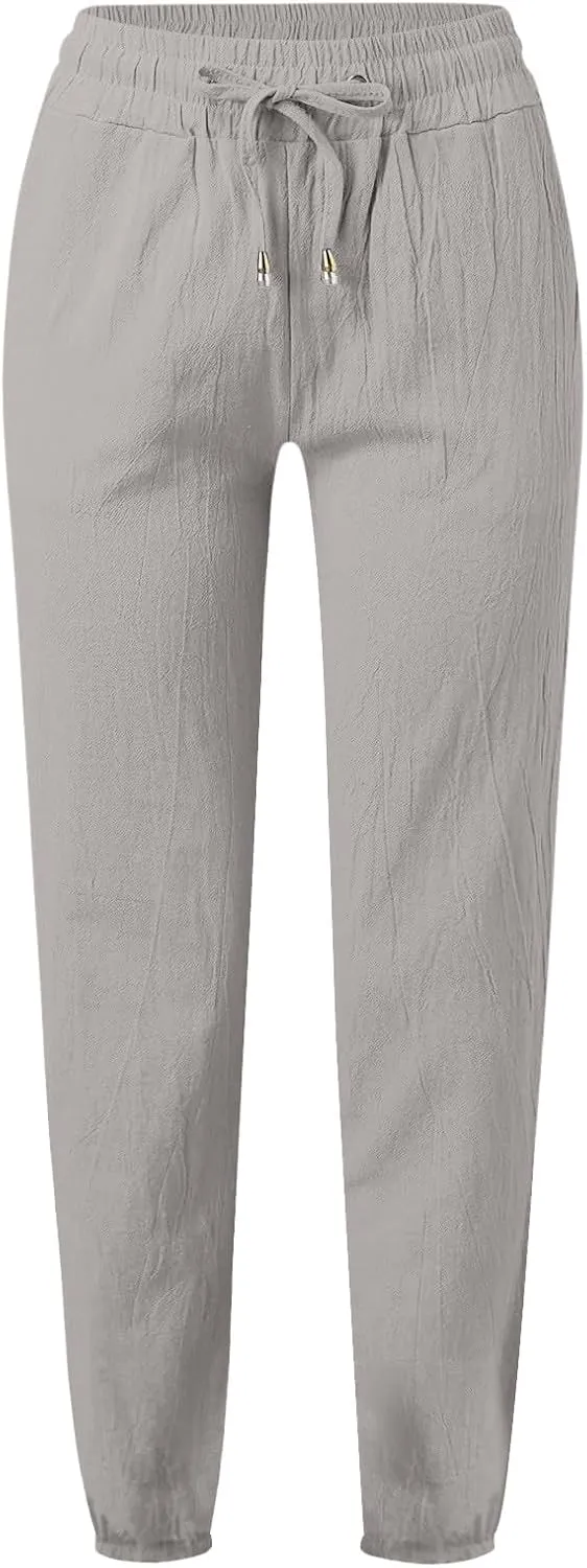 Women's Casual Cotton Linen Pants Lightweight Summer Relax Fit Elastic Waist Plus Size Solid Lounge Long Trousers