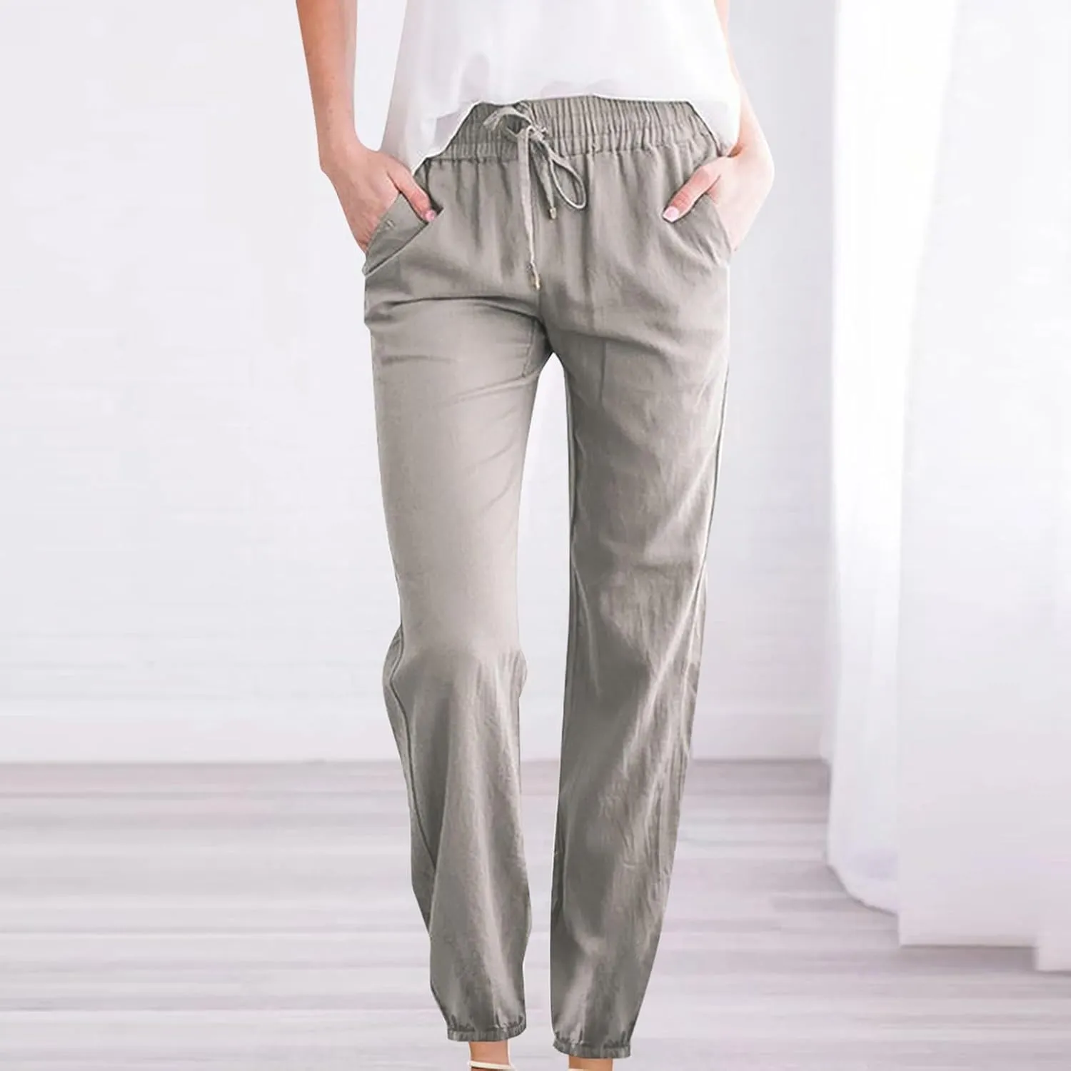 Women's Casual Cotton Linen Pants Lightweight Summer Relax Fit Elastic Waist Plus Size Solid Lounge Long Trousers