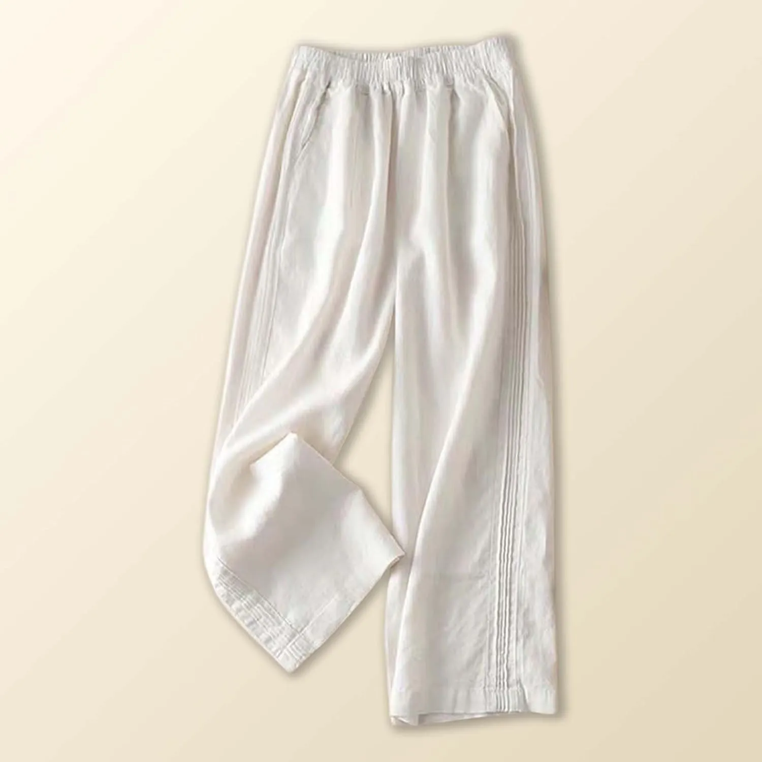 Women's Casual Cotton Linen Pants Summer Lightweight Elastic Waist Long Pants Relax Fit Straight Leg Lounge Trousers Pocket