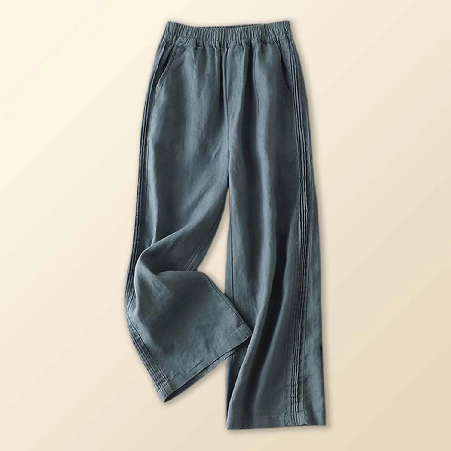 Women's Casual Cotton Linen Pants Summer Lightweight Elastic Waist Long Pants Relax Fit Straight Leg Lounge Trousers Pocket