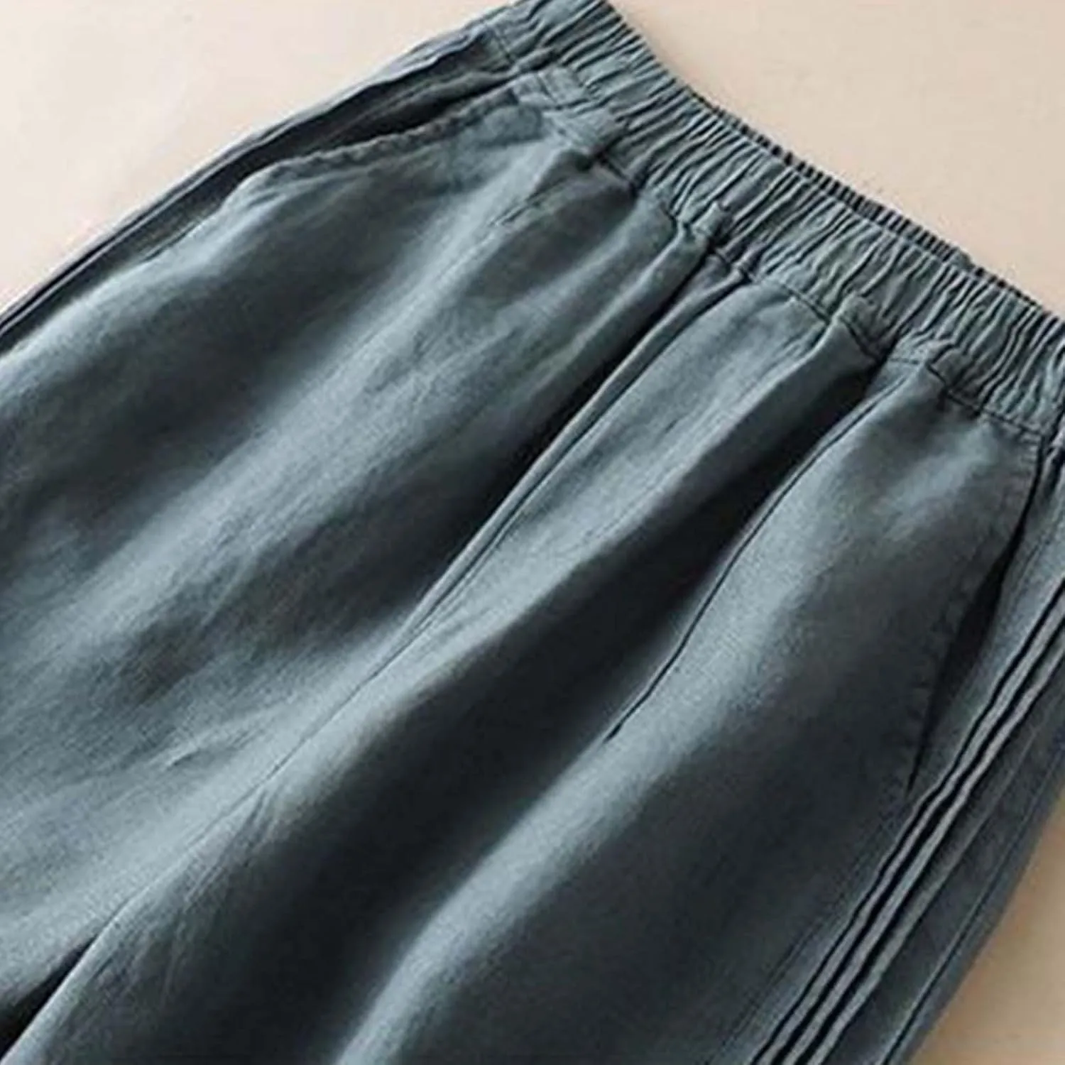Women's Casual Cotton Linen Pants Summer Lightweight Elastic Waist Long Pants Relax Fit Straight Leg Lounge Trousers Pocket
