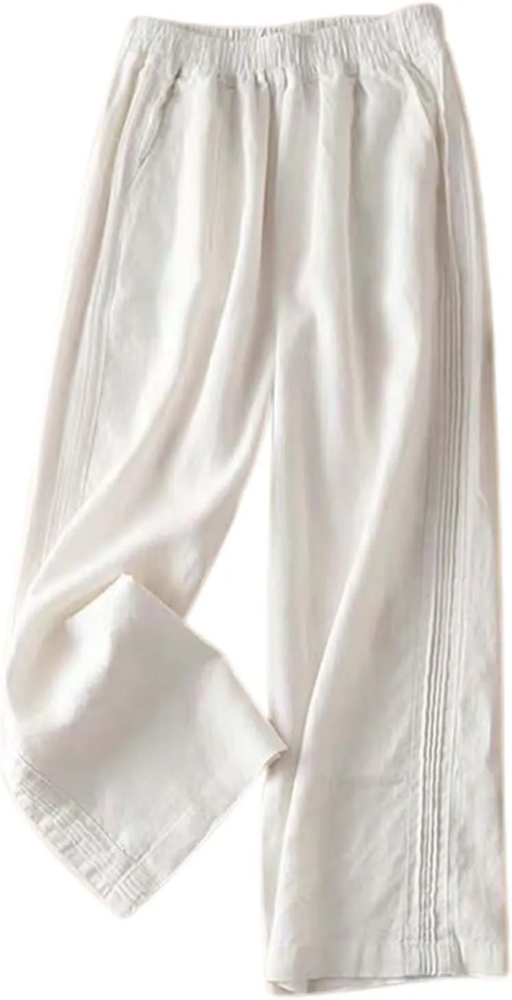 Women's Casual Cotton Linen Pants Summer Lightweight Elastic Waist Long Pants Relax Fit Straight Leg Lounge Trousers Pocket