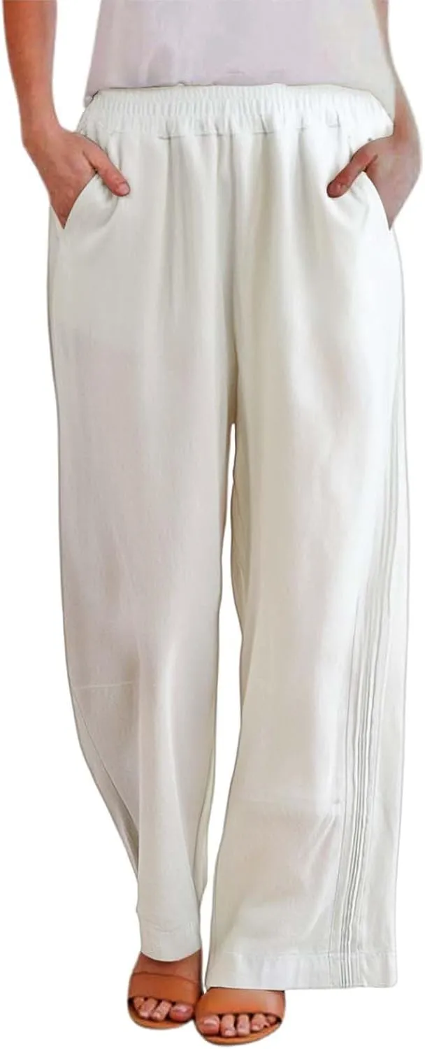 Women's Casual Cotton Linen Pants Summer Lightweight Elastic Waist Long Pants Relax Fit Straight Leg Lounge Trousers Pocket