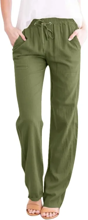 Womens Casual Linen High Waist Pants Drawstring Loose Fit Summer Pants Trousers with Side Pockets 2025