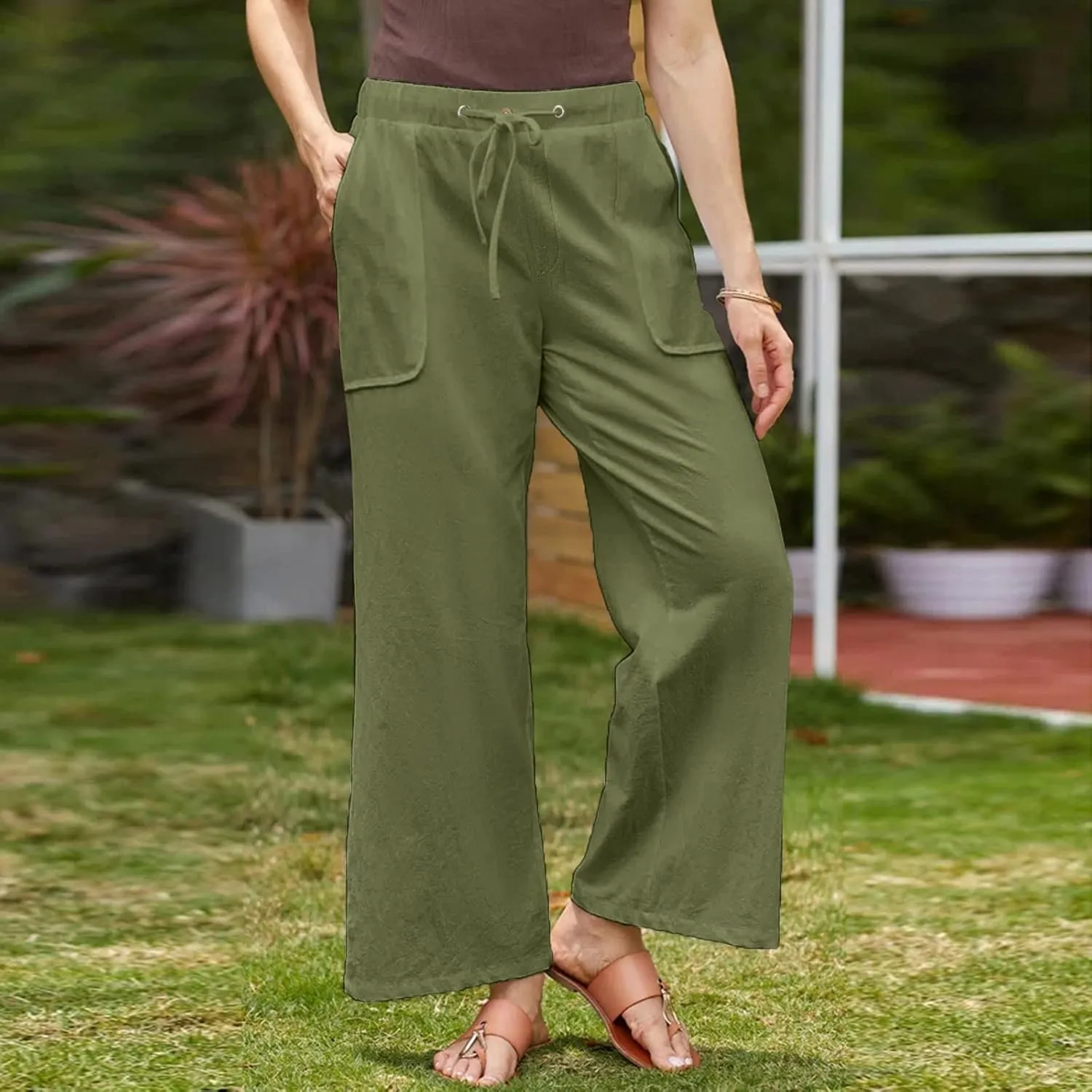 Womens Casual Linen High Waist Pants Drawstring Loose Fit Summer Pants Trousers with Side Pockets 2025