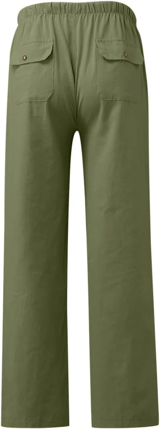 Womens Casual Linen High Waist Pants Drawstring Loose Fit Summer Pants Trousers with Side Pockets 2025