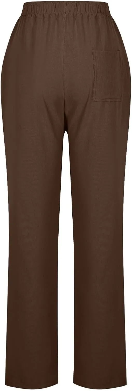 Womens Casual Linen High Waist Pants Drawstring Loose Fit Summer Slacks Solid Lounge Trousers with Side Pockets