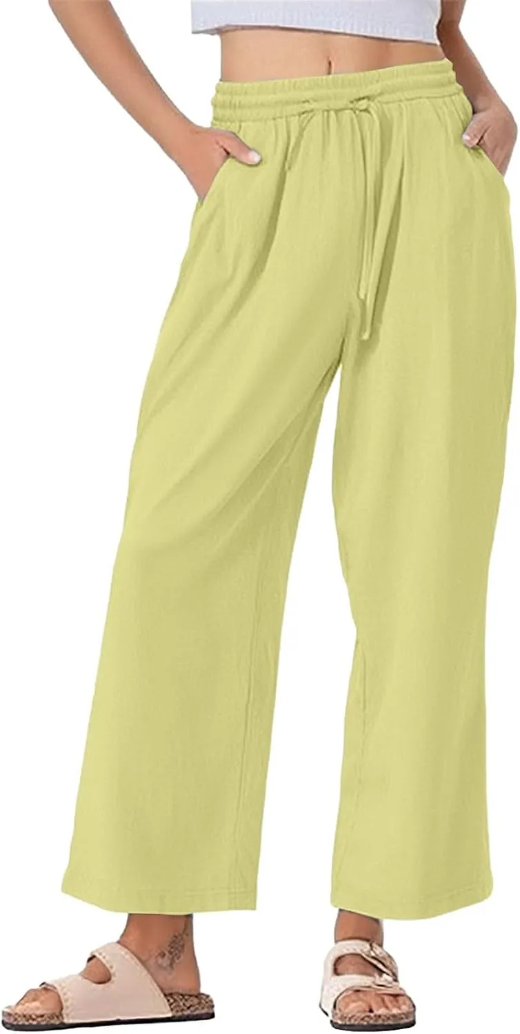 Womens Casual Linen High Waist Pants Drawstring Waist Loose Fit Summer Pants Beach Trousers Outfits