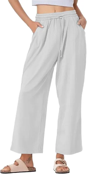 Womens Casual Linen High Waist Pants Drawstring Waist Loose Fit Summer Pants Beach Trousers Outfits