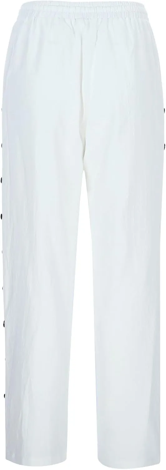Womens Casual Linen Pants Side Button Summer Trendy Drawstring Elastic Waist Straight Leg Baggy Cropped Trousers