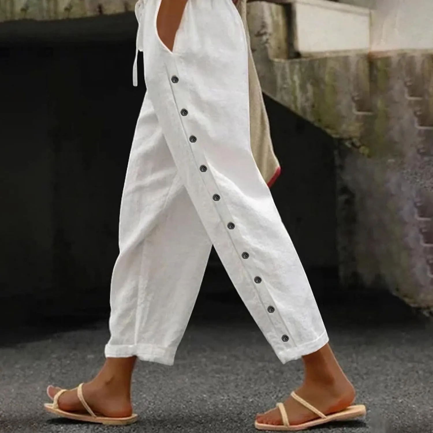 Womens Casual Linen Pants Side Button Summer Trendy Drawstring Elastic Waist Straight Leg Baggy Cropped Trousers