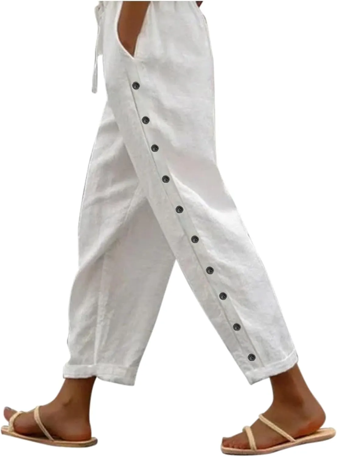 Womens Casual Linen Pants Side Button Summer Trendy Drawstring Elastic Waist Straight Leg Baggy Cropped Trousers