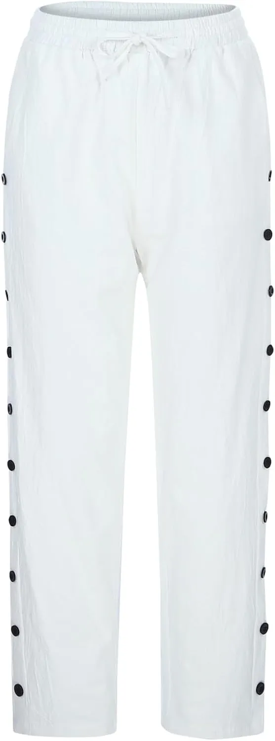 Womens Casual Linen Pants Side Button Summer Trendy Drawstring Elastic Waist Straight Leg Baggy Cropped Trousers
