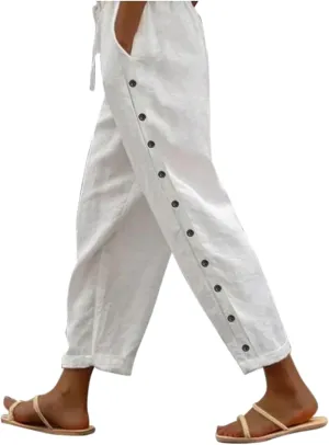 Womens Casual Linen Pants Side Button Summer Trendy Drawstring Elastic Waist Straight Leg Baggy Cropped Trousers