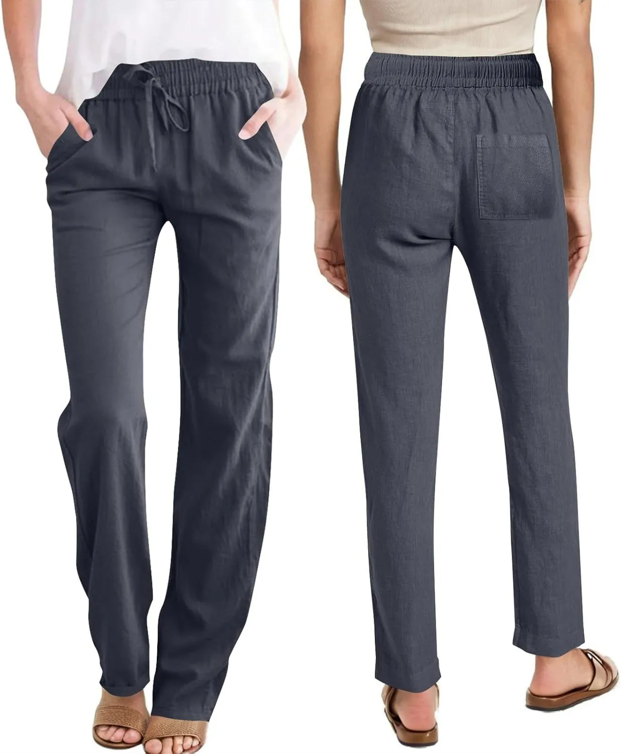 Womens Casual Linen Trousers High Waist Loose Comfy Beach Pants Straight Leg Summer Vacation Pant with Multi Pockets