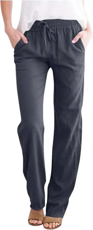Womens Casual Linen Trousers High Waist Loose Comfy Beach Pants Straight Leg Summer Vacation Pant with Multi Pockets