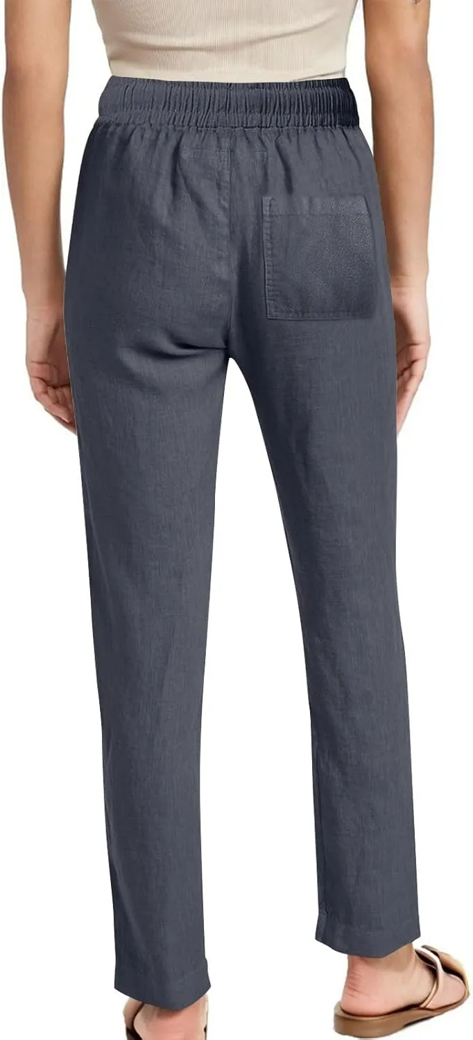 Womens Casual Linen Trousers High Waist Loose Comfy Beach Pants Straight Leg Summer Vacation Pant with Multi Pockets