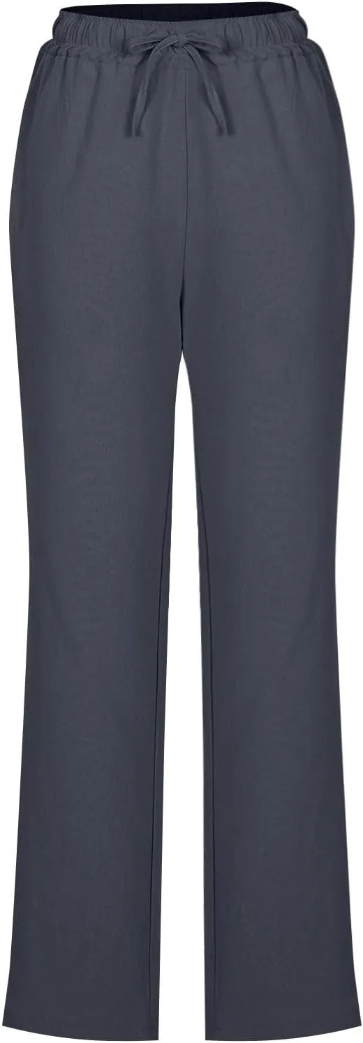Womens Casual Linen Trousers High Waist Loose Comfy Beach Pants Straight Leg Summer Vacation Pant with Multi Pockets