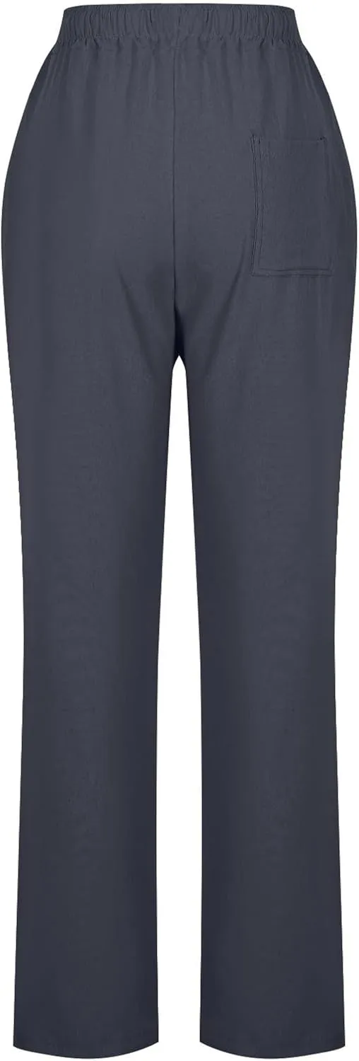 Womens Casual Linen Trousers High Waist Loose Comfy Beach Pants Straight Leg Summer Vacation Pant with Multi Pockets