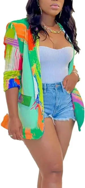 Womens Casual Printed Blazers Long Sleeve Open Front Office Work Suits Blazer Jackets Streetwear