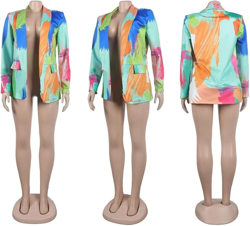 Womens Casual Printed Blazers Long Sleeve Open Front Office Work Suits Blazer Jackets Streetwear
