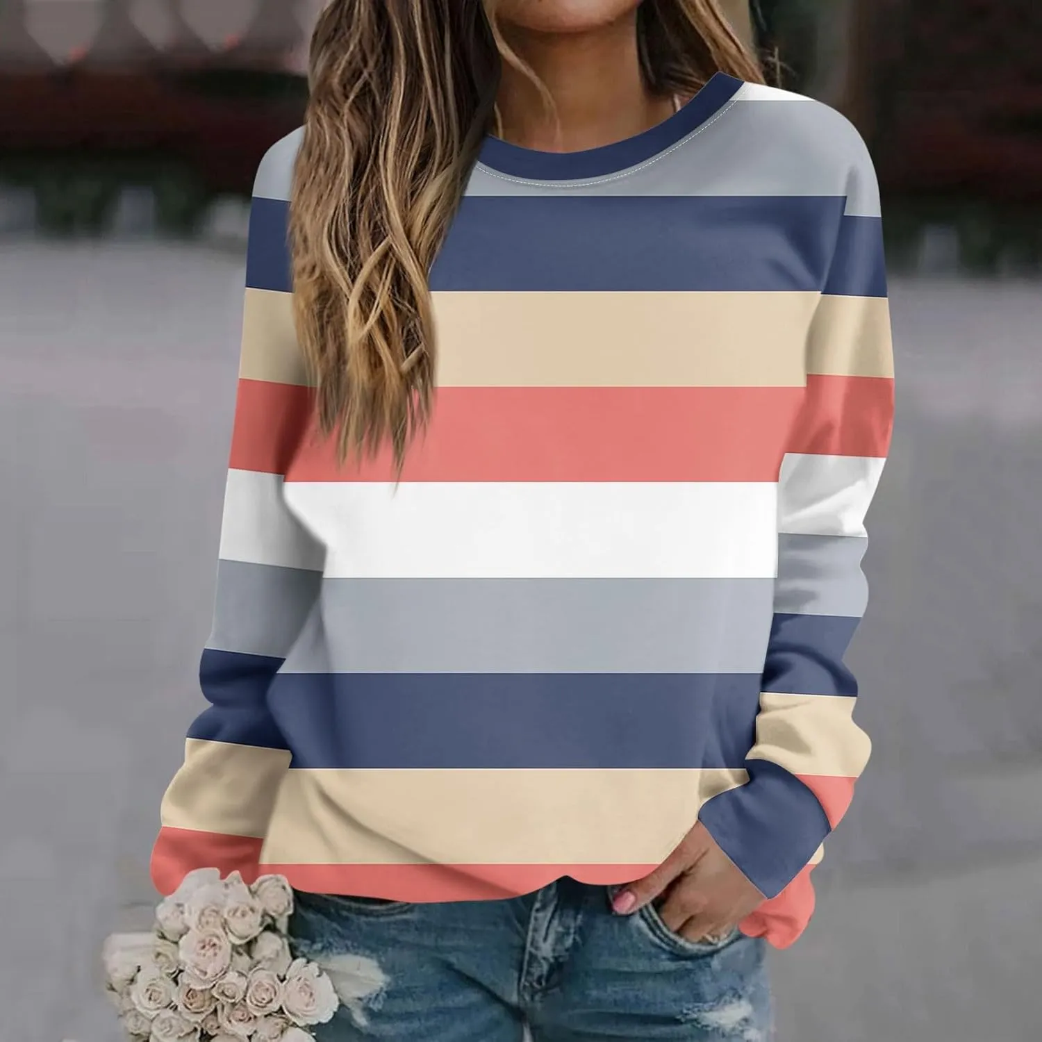 Womens Casual Striped Pullover Tops Long Sleeve Crewneck Oversized Sweatshirts 2024 Fall Clothes