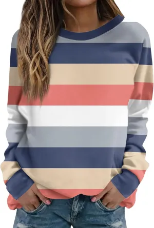 Womens Casual Striped Pullover Tops Long Sleeve Crewneck Oversized Sweatshirts 2024 Fall Clothes