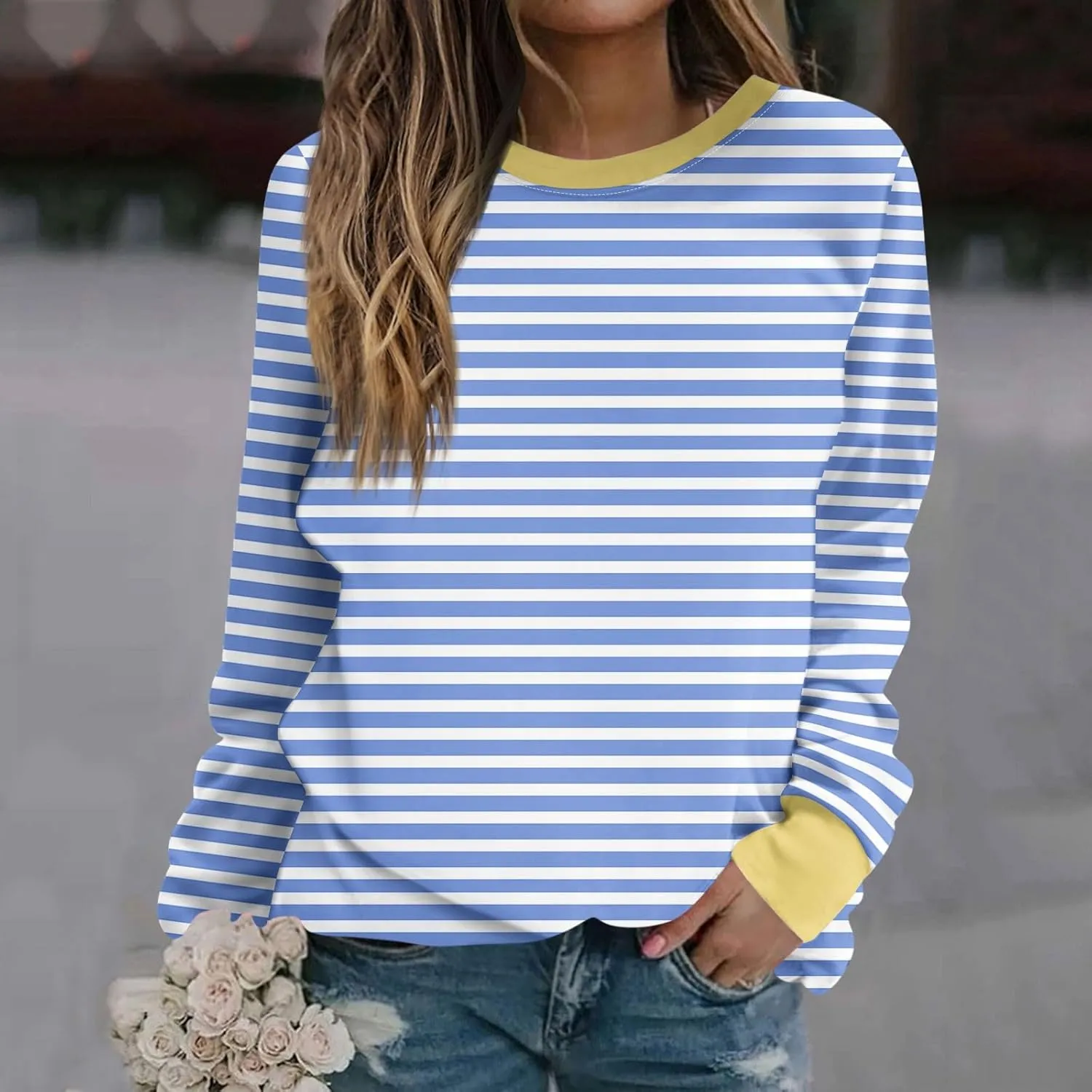 Womens Casual Striped Pullover Tops Long Sleeve Crewneck Oversized Sweatshirts 2024 Fall Clothes