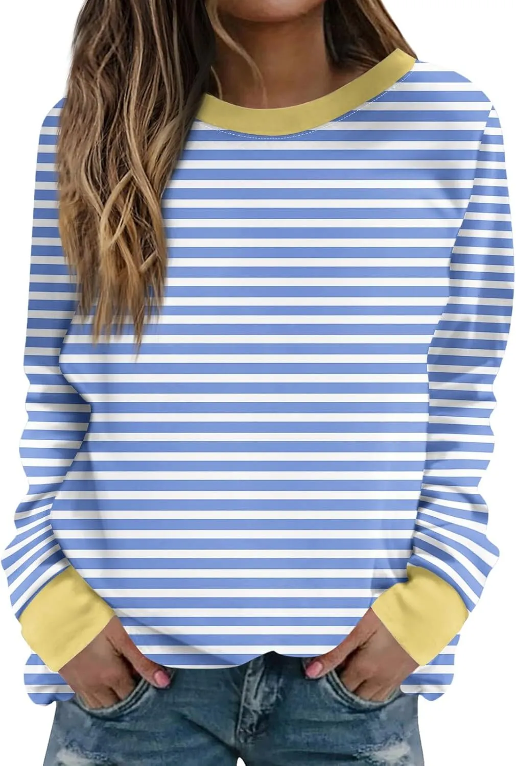 Womens Casual Striped Pullover Tops Long Sleeve Crewneck Oversized Sweatshirts 2024 Fall Clothes