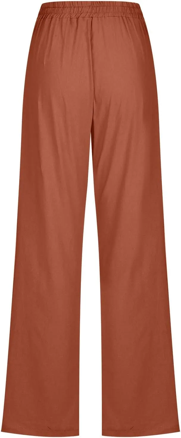 Womens Causal Summer Pants 2024 Elastic High Waist Drawstring Lounge Pant Straight Leg Beach Vacation Trousers