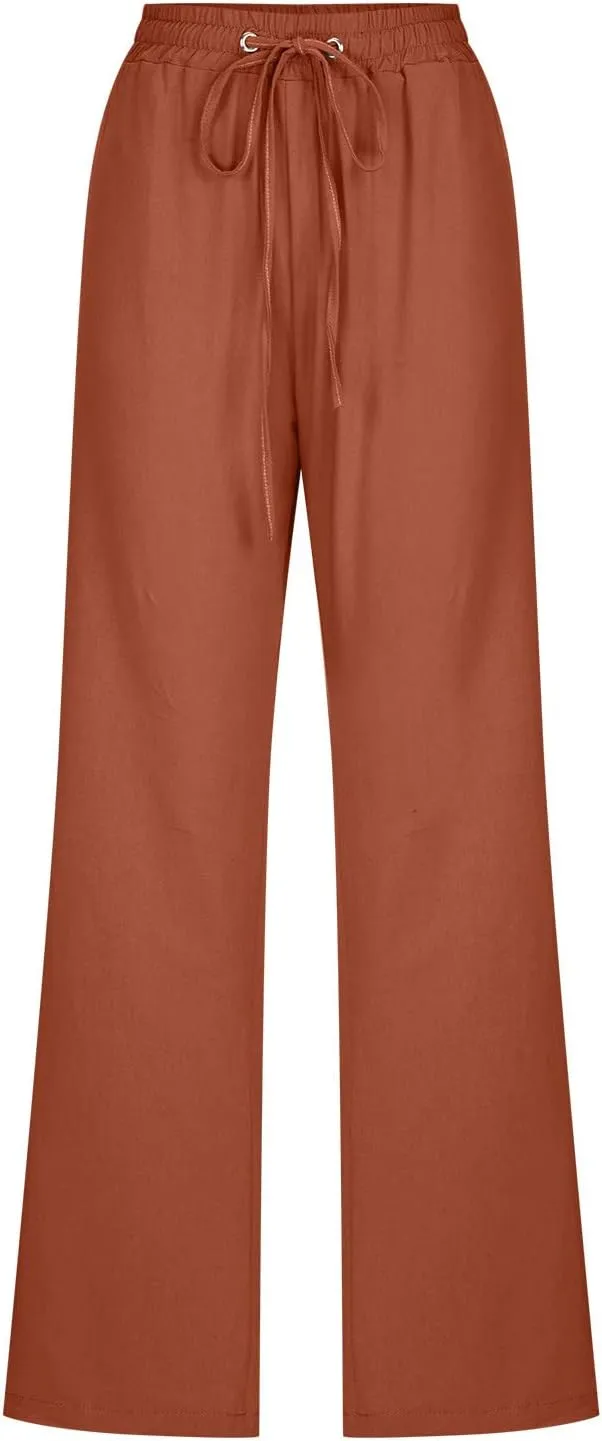 Womens Causal Summer Pants 2024 Elastic High Waist Drawstring Lounge Pant Straight Leg Beach Vacation Trousers