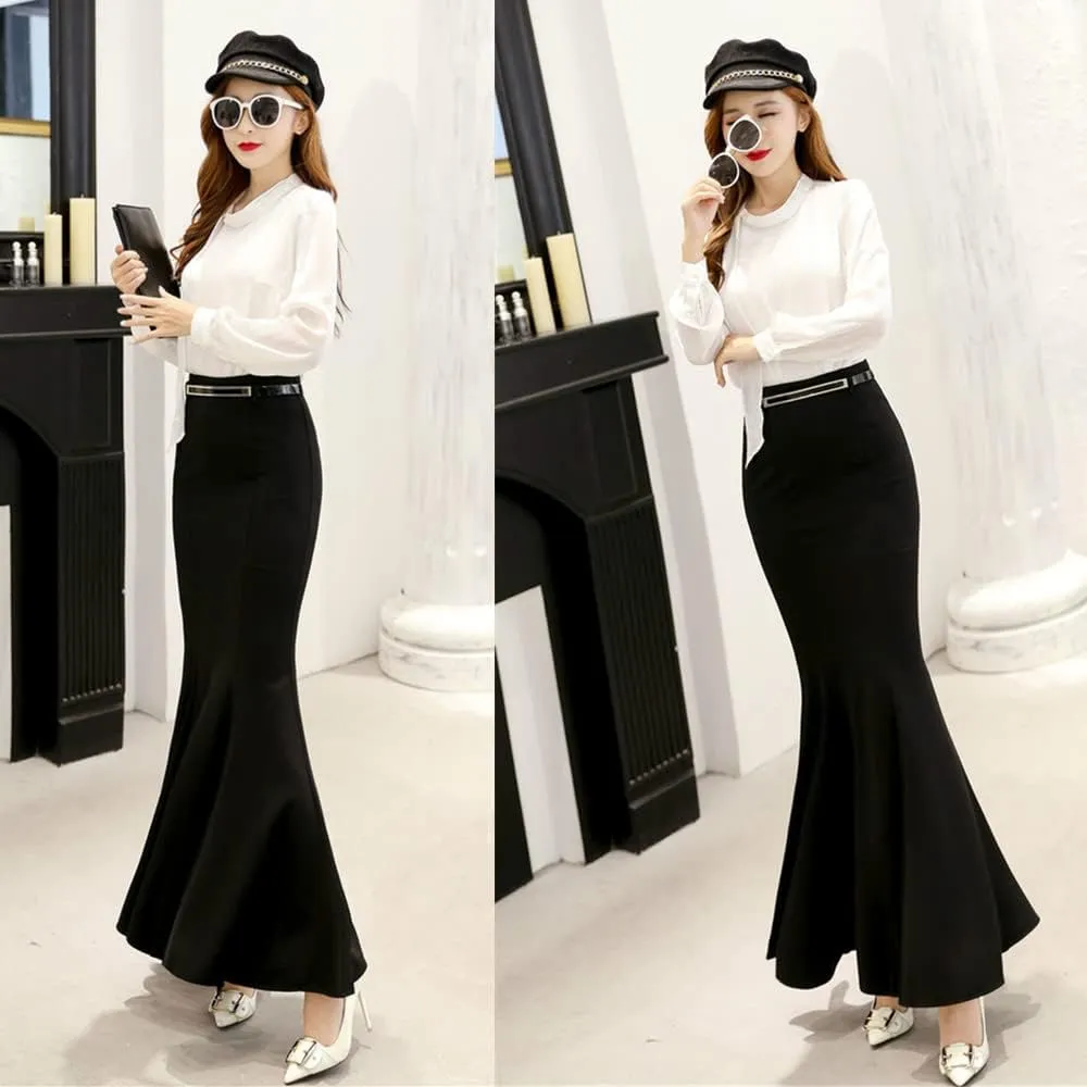 Women's Classic High Waist Solid Fishtail Mermaid Long Skirt for Evening Party Black Ruffle Victorian Retro Skirts