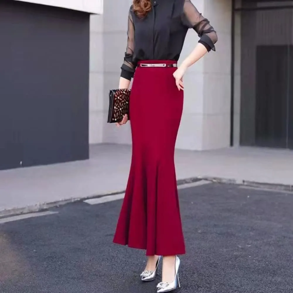 Women's Classic High Waist Solid Fishtail Mermaid Long Skirt for Evening Party Black Ruffle Victorian Retro Skirts
